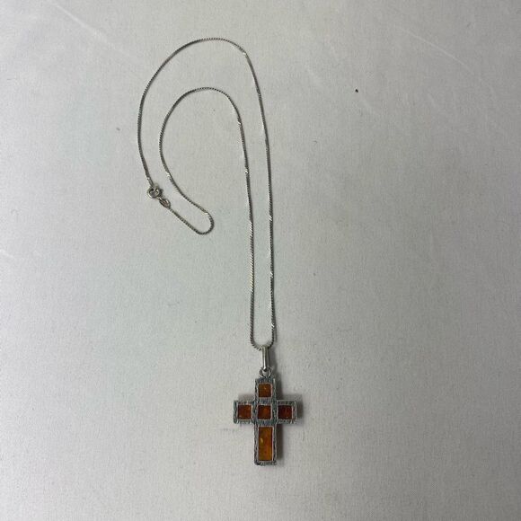 Vtg Estate Art Deco Sterling Silver Amber cross pendant and silver chain 925 - Picture 5 of 7